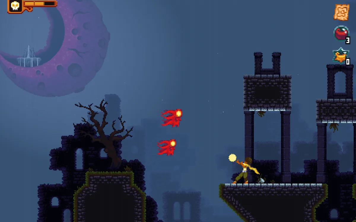 Schermata di gioco di Dandara: la protagonista su una piattaforma di pietra lancia un proiettile luminoso contro due nemici rossi fiammeggianti, tra rovine di torri e una grande luna crescente viola nel cielo notturno.