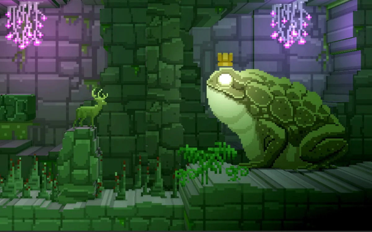 Schermata di gioco di The Deer God: un cervo luminoso su una sporgenza di pietra dentro rovine ricoperte di muschio, di fronte a un grande rospo con corona dorata, con lampadari di cristalli rosa appesi alle pareti.